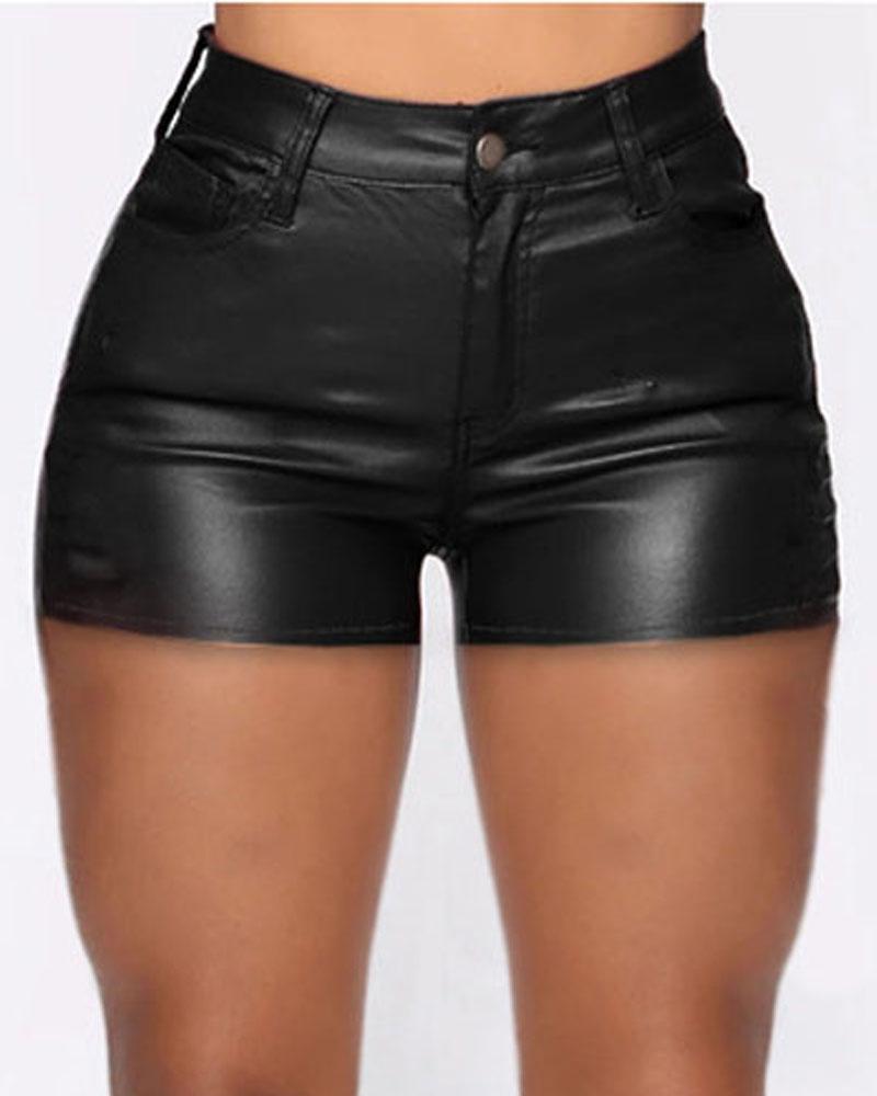 

Zip Fly PU Leather High Waist Shorts, Black