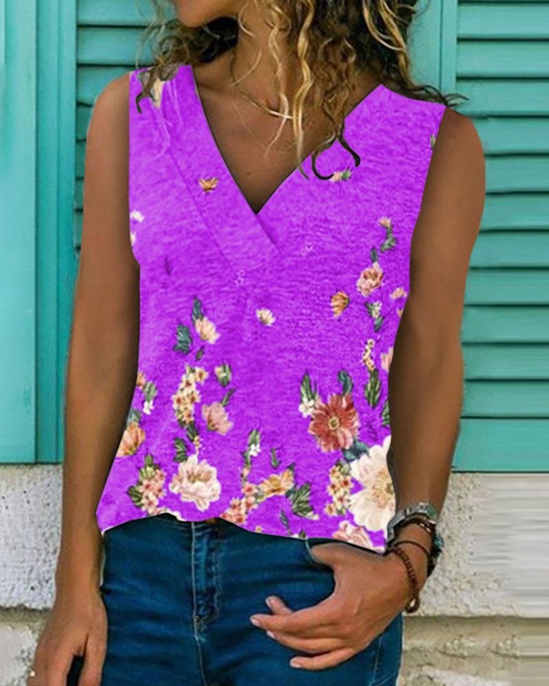 

Floral Print V Neck Casual Tank, Purple