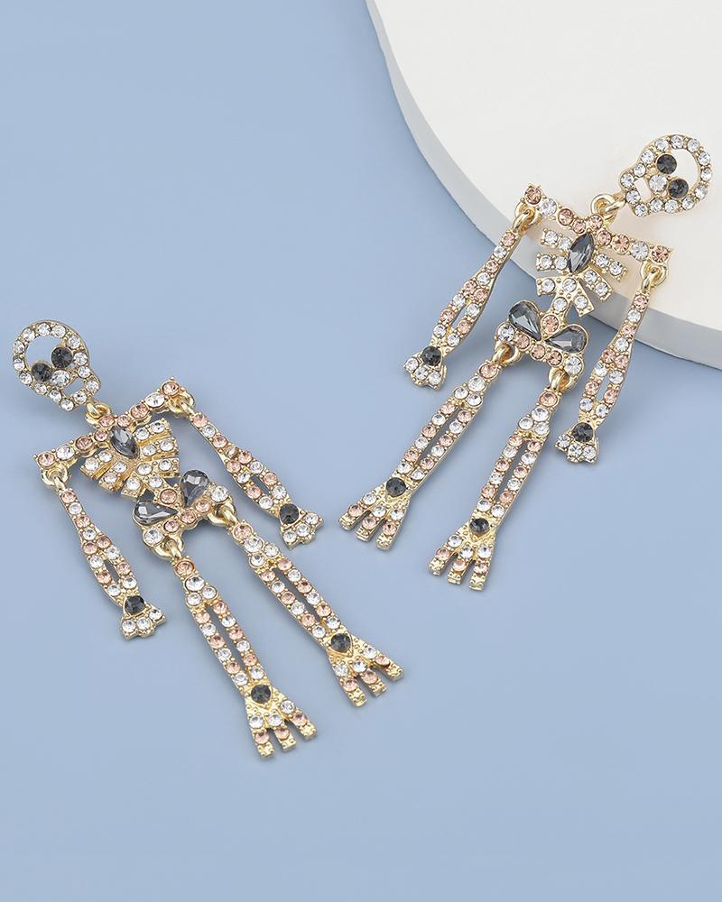 

Rhinestone Skull Skeleton Drop Earrings, Gold