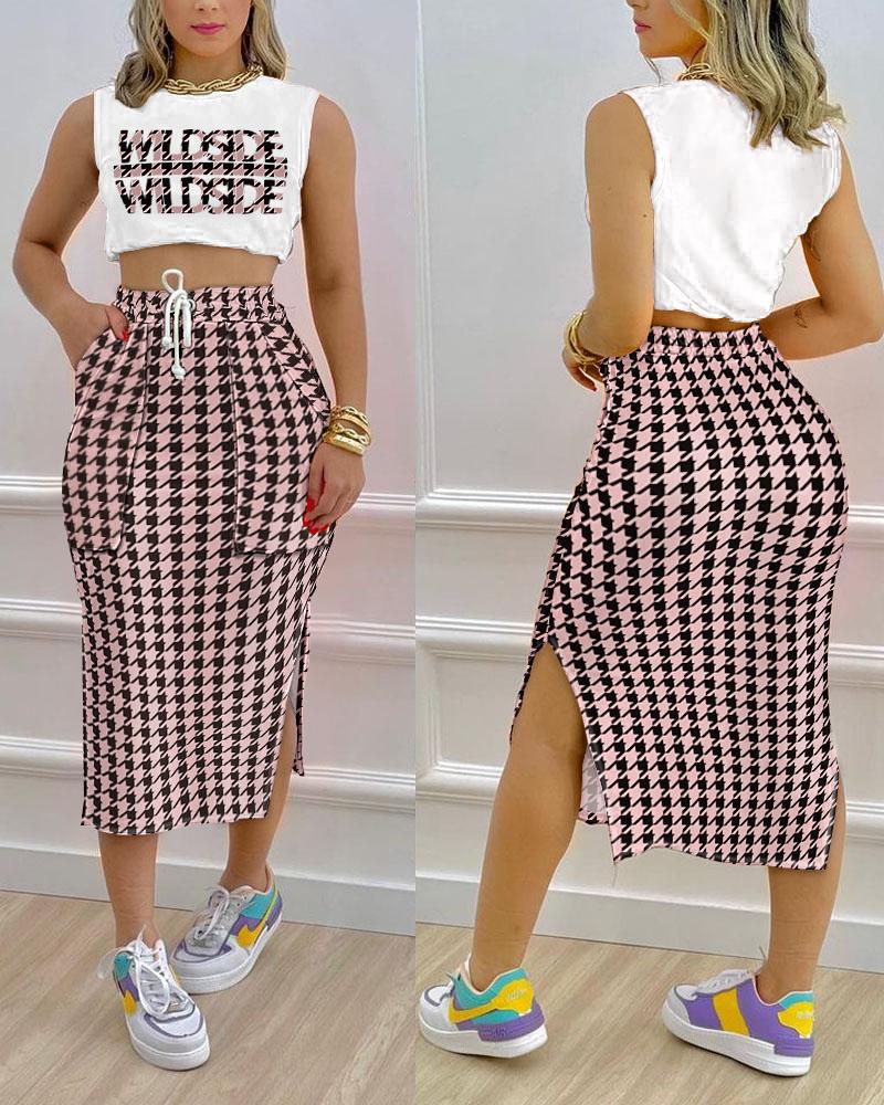 Houndstooth Letter Print Crop Tank Top & Split Hem Skirt Set