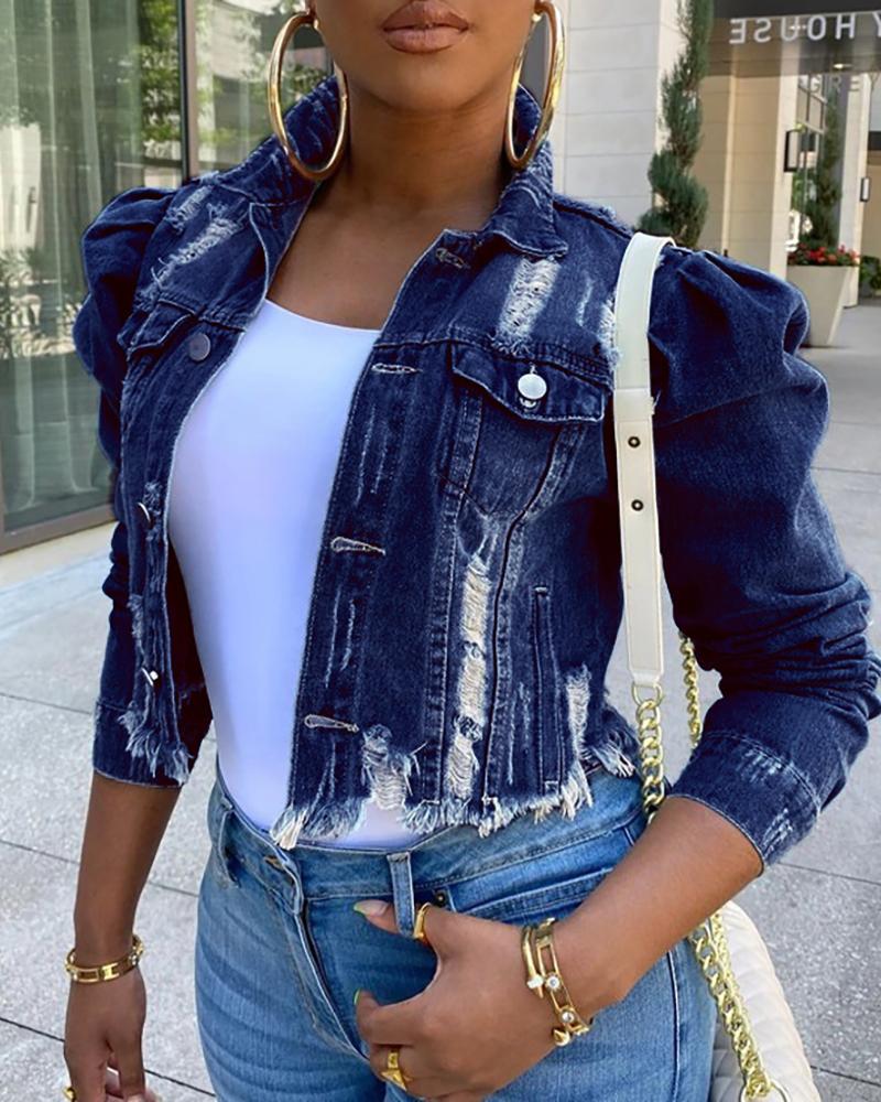 

Puffed Sleeve Frayed Denim Jacket, Dark blue