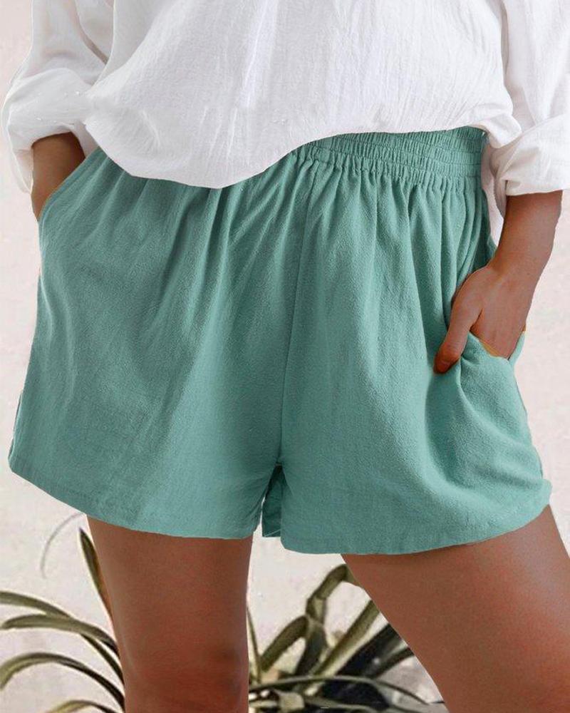 

High Waist Linen Blend Shorts, Blue