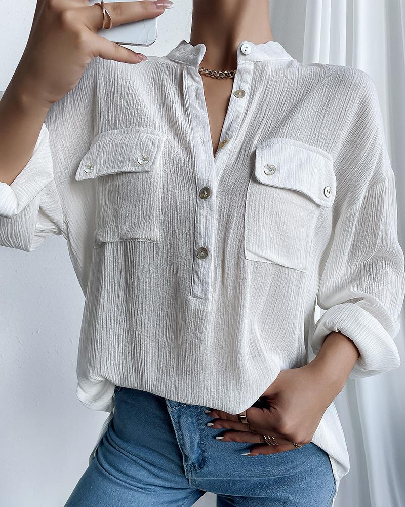 

Button Pocket Design Long Sleeve Dip Hem Shirt, White