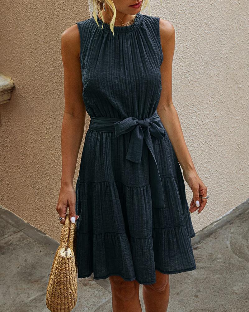 

Solid Sleeveless Belted Ruched A-line Dress, Black