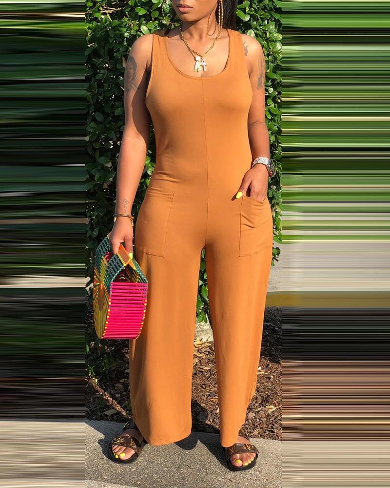 

Pocket Design Thick Strap Solid Jumpsuit, Orange