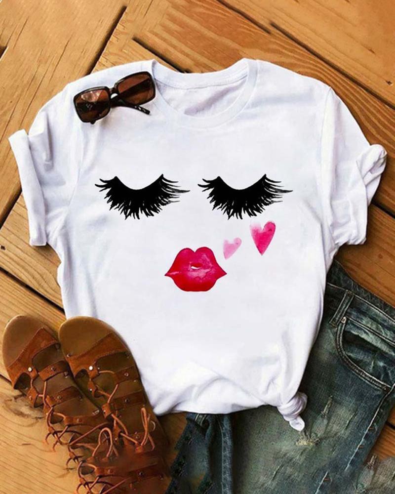 

Plus Size Valentine's Day Lip Heart Print Casual T-shirt, White