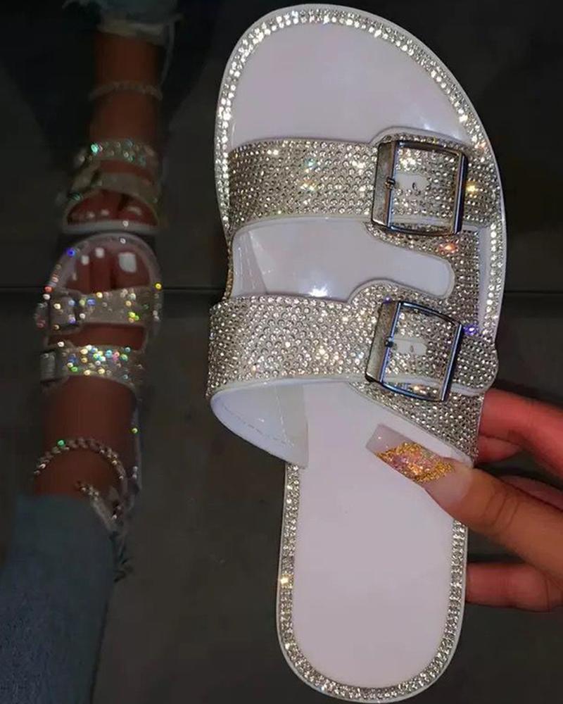 

Rhinestone Buckled Double Strap Slippers, White