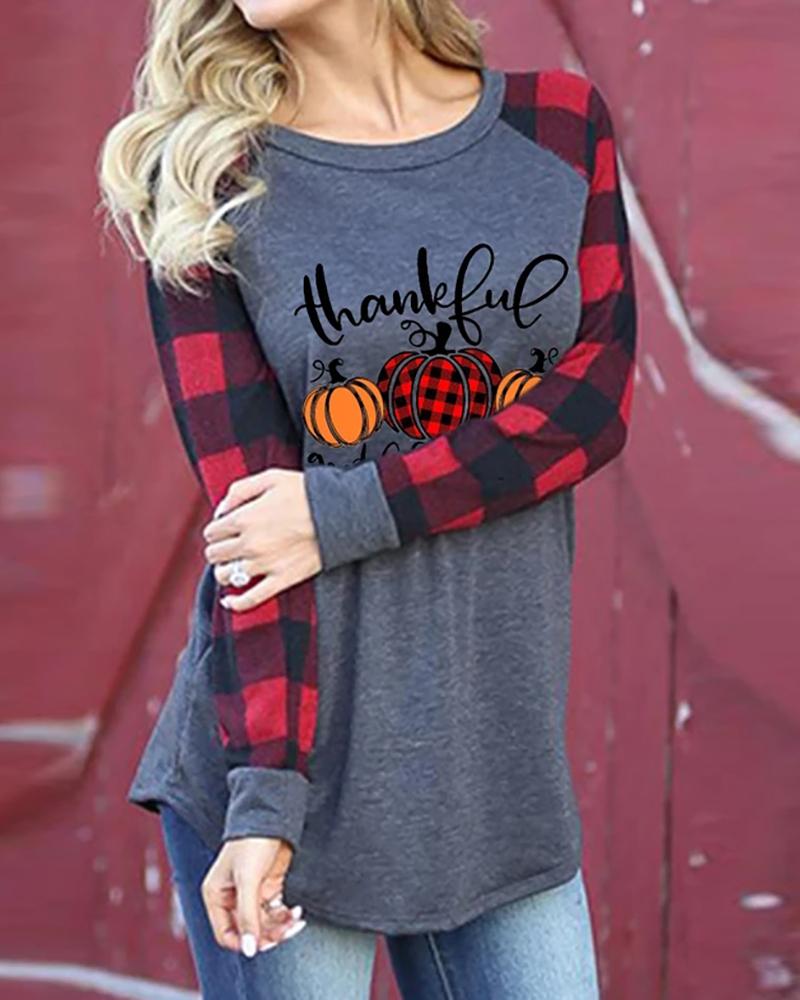 Kaufen Halloween Letter Pumpkin Plaid Print Casual Top. Bild