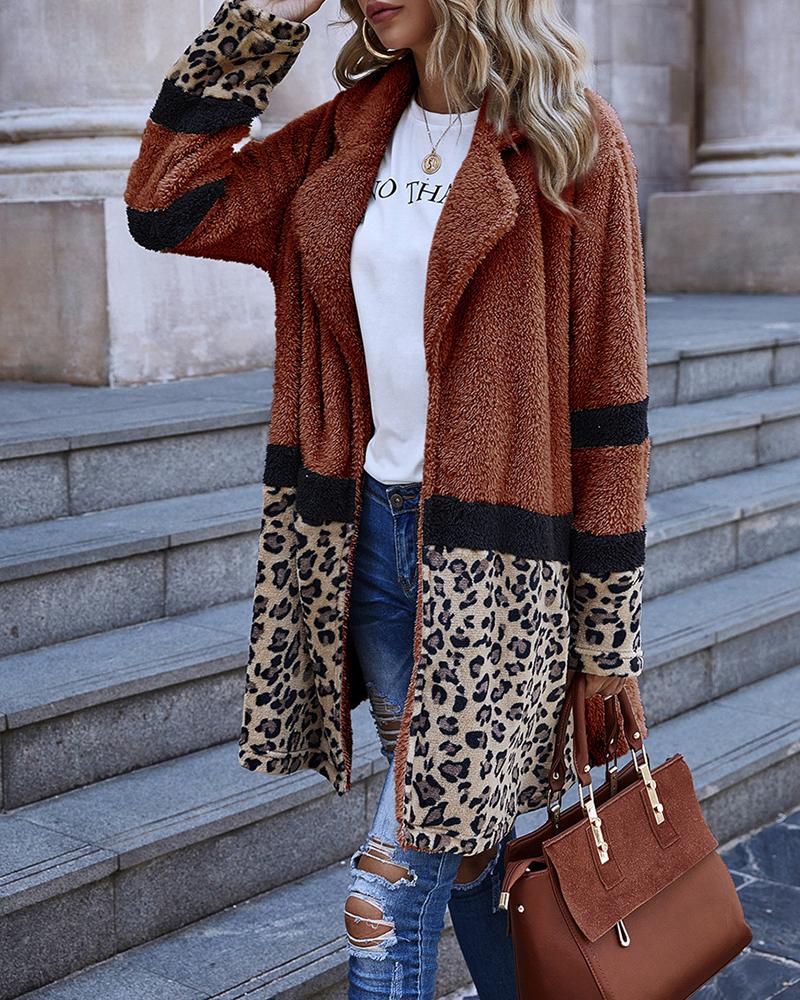 

Long Sleeve Striped Leopard Patch Teddy Coat, Orange