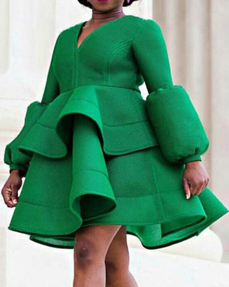 

V Neck Lantern Sleeve Layered Ruffles Party Dress, Green