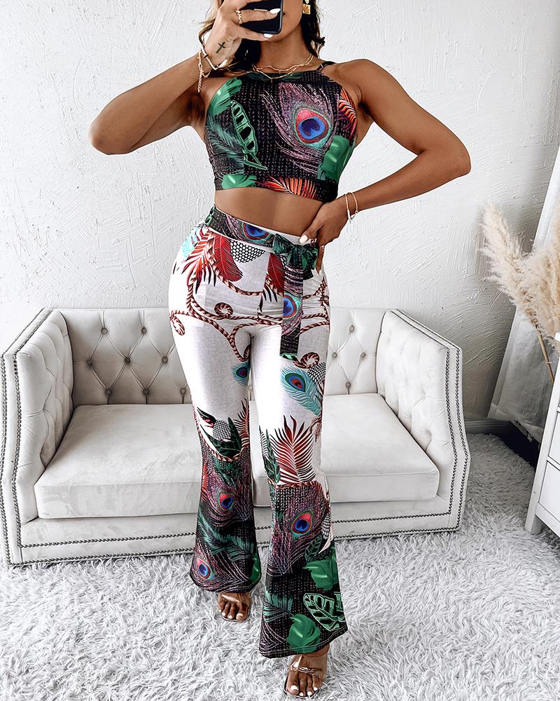 

Peacock Print Crop Top & Pants Set With Belt, Multicolor