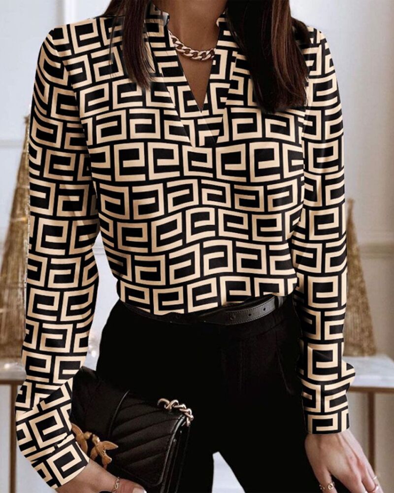 

Geometric Print V-Neck Long Sleeve Casual Top, Yellow