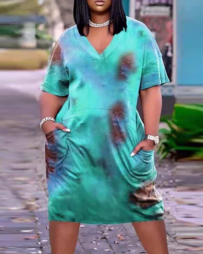 

Tie Dye Print Pocket Design V-Neck Dress, Blue