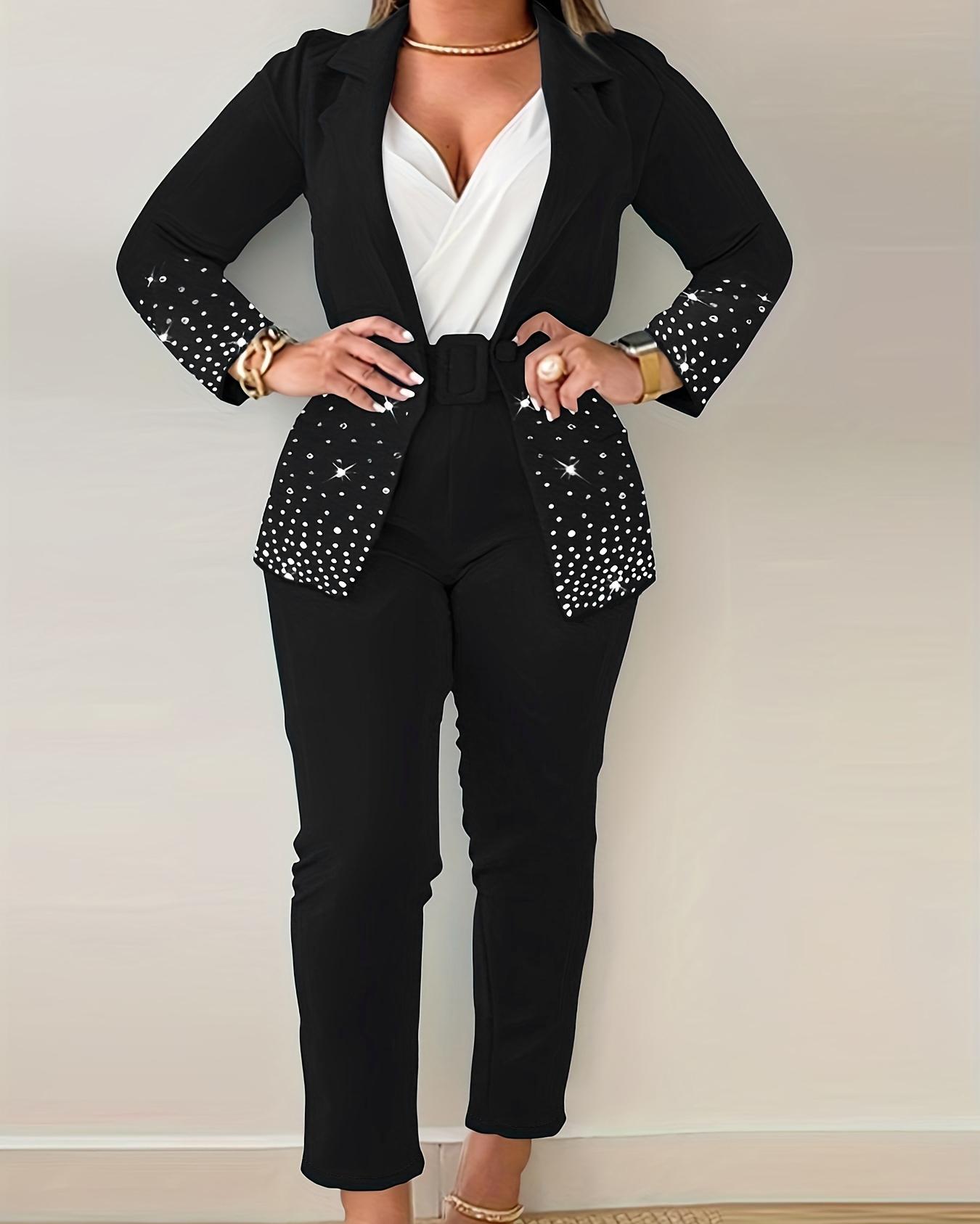 

Plus Size Graphic Print Colorblock Blazer Coat & Pants Set, Black