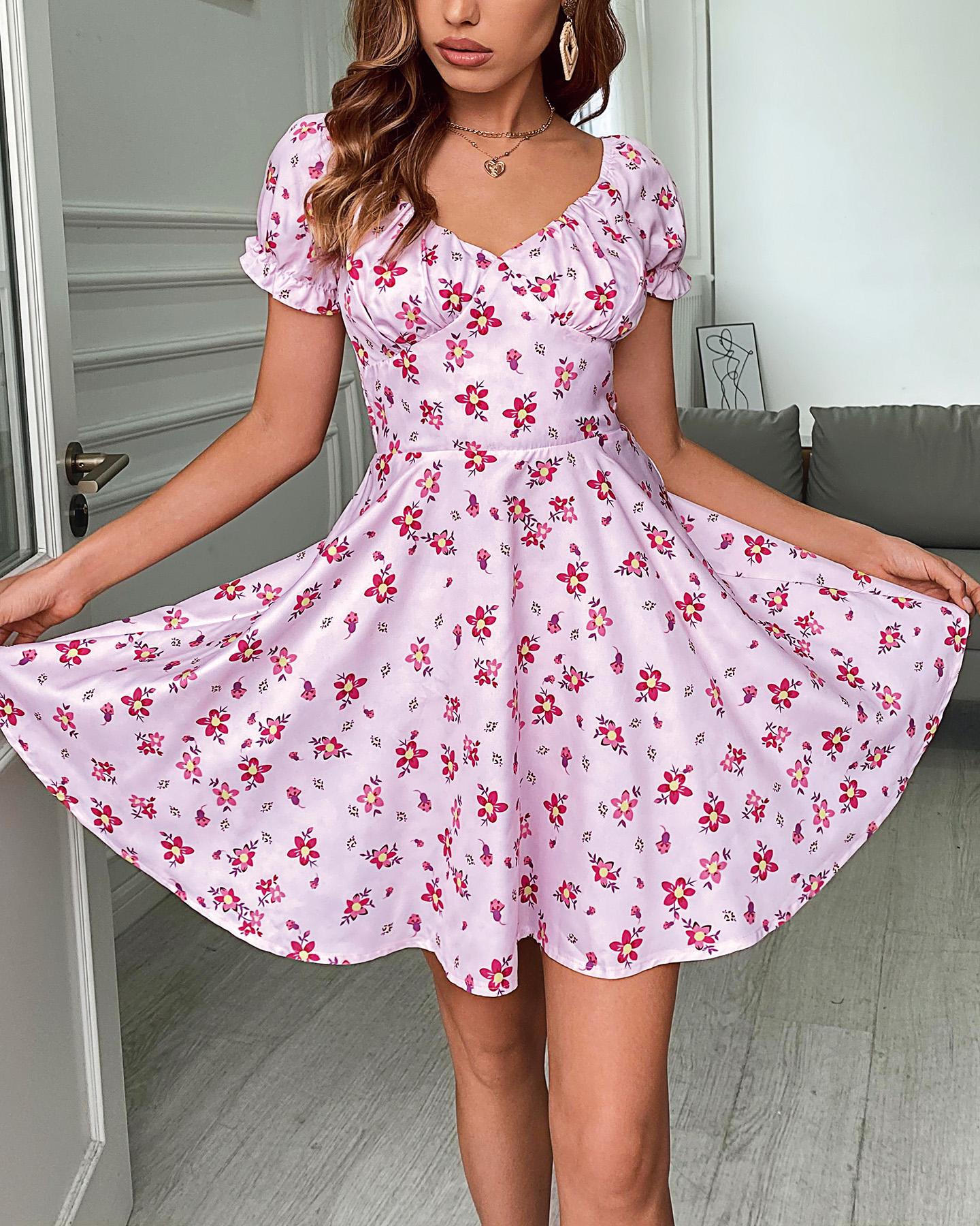 

Floral Print Frill Hem Ruched Casual Dress, Pink