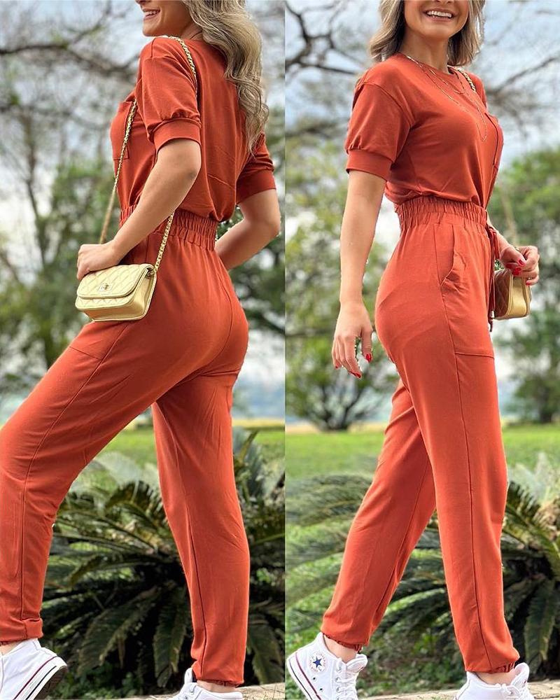 

Pocket Design Short Sleeve Top & Drawstring Pants Set, Orange