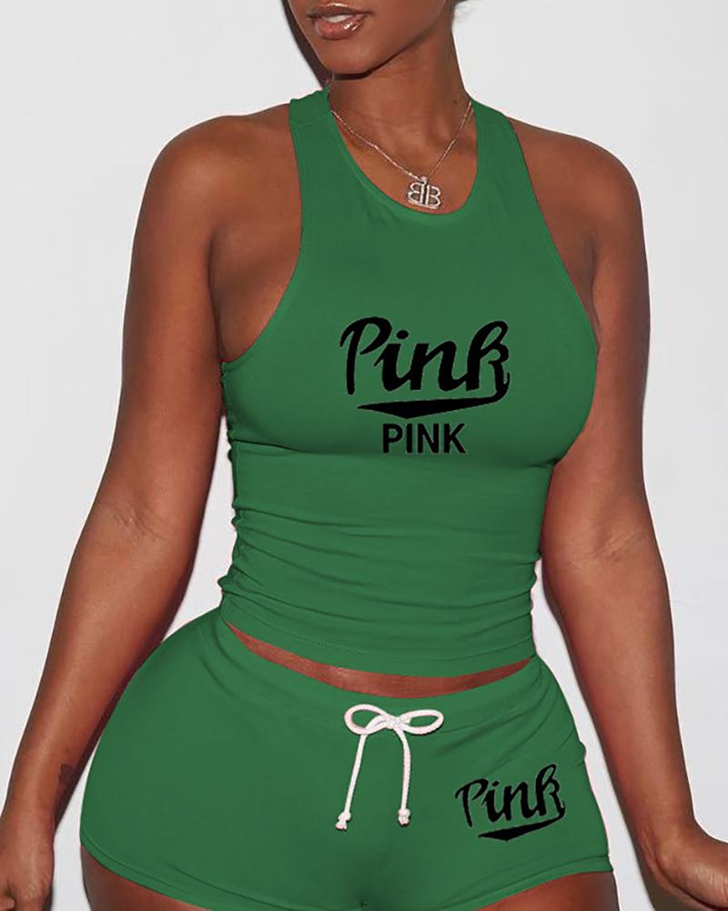 

Letter Print Tank Top & Drawstring Shorts Set, Green