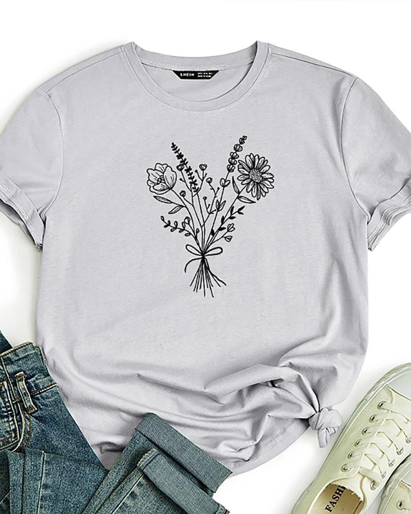 

Floral Print Round Neck Short Sleeve Basic Cotto Top, Gray