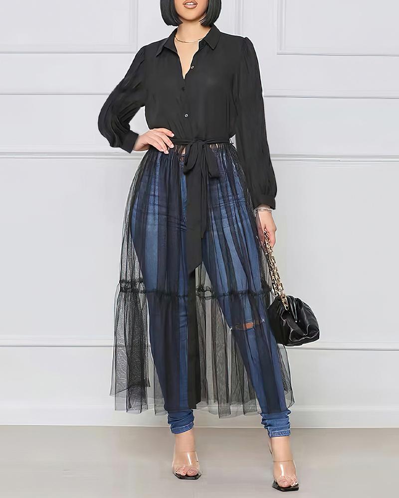 

Long Sleeve Button Front Sheer Mesh Shirt Dress, Black