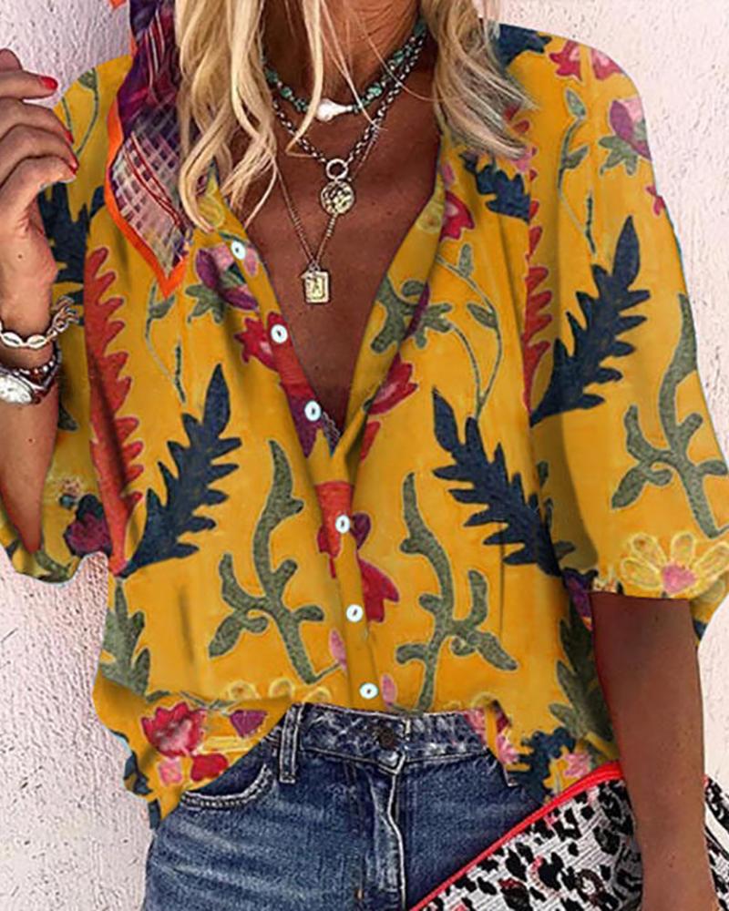 

Floral Print Buttoned Half Sleeve Top, Yellow