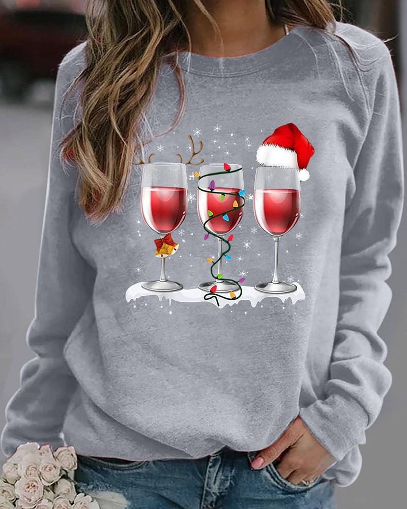 

Christmas Long Sleeve Wine Glasses Graphic Print Sweatshirt, Gray