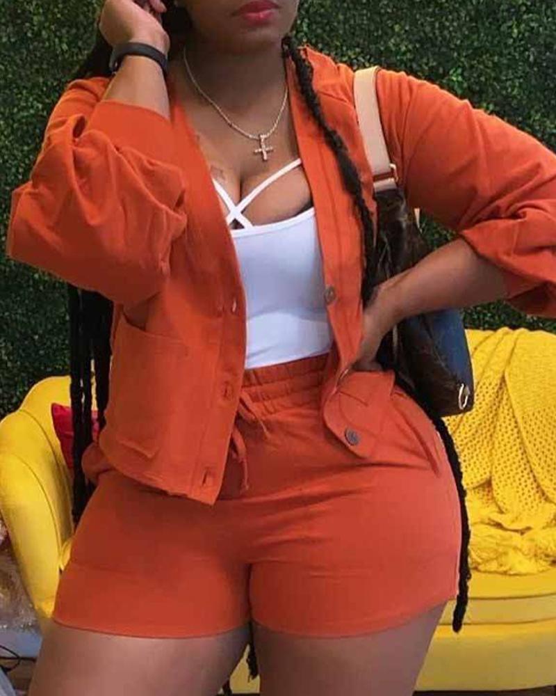 

Pocket Detail Button Front Jacket & Shorts Set, Orange