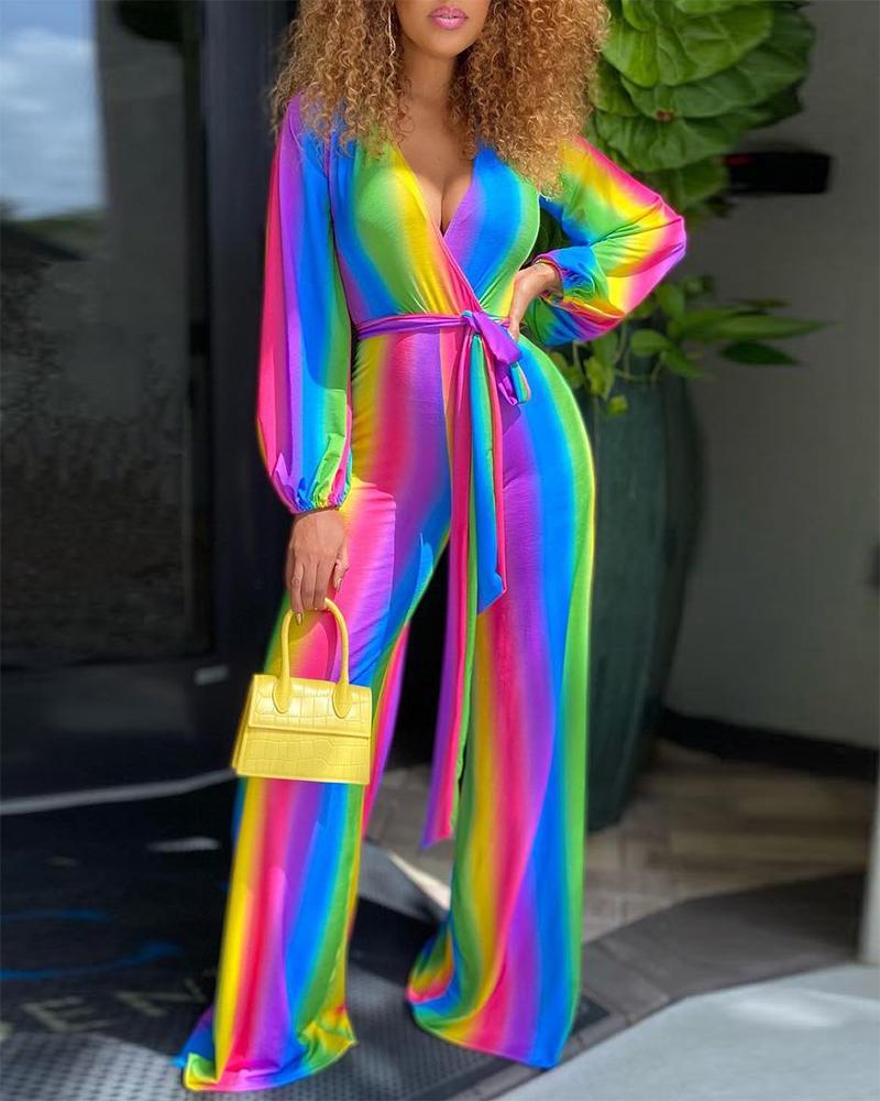 

Colorful Striped Print Lantern Sleeve Tied Detail Jumpsuit, Multicolor