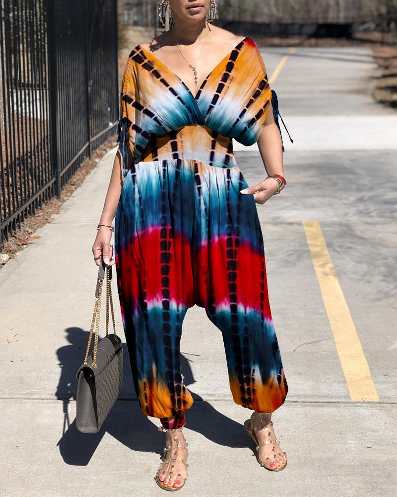 

Tie Dye Print Drawstring Ruched Shirred Jumpsuit, Multicolor
