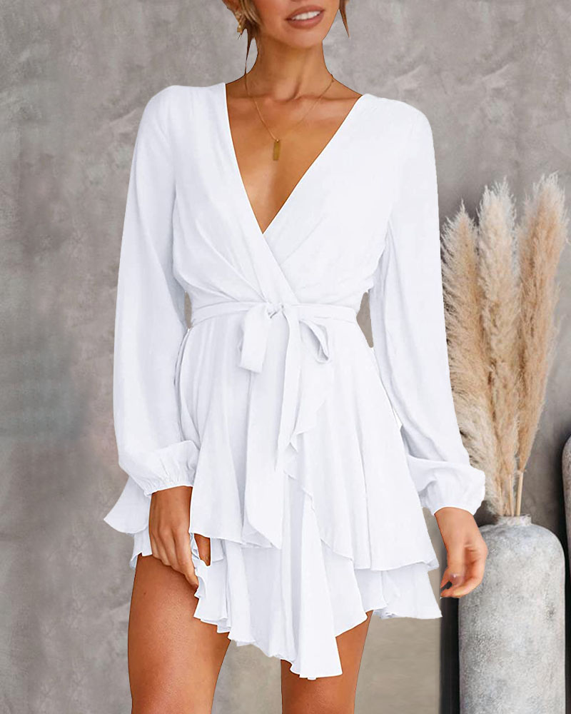 

Long Sleeve Overlap Collar Ruffle Hem Belted Casual Dress, White
