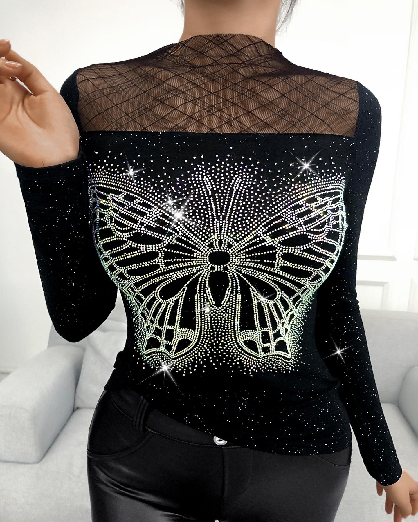 

Rhinestone Butterfly Pattern Sheer Mesh Top, Black