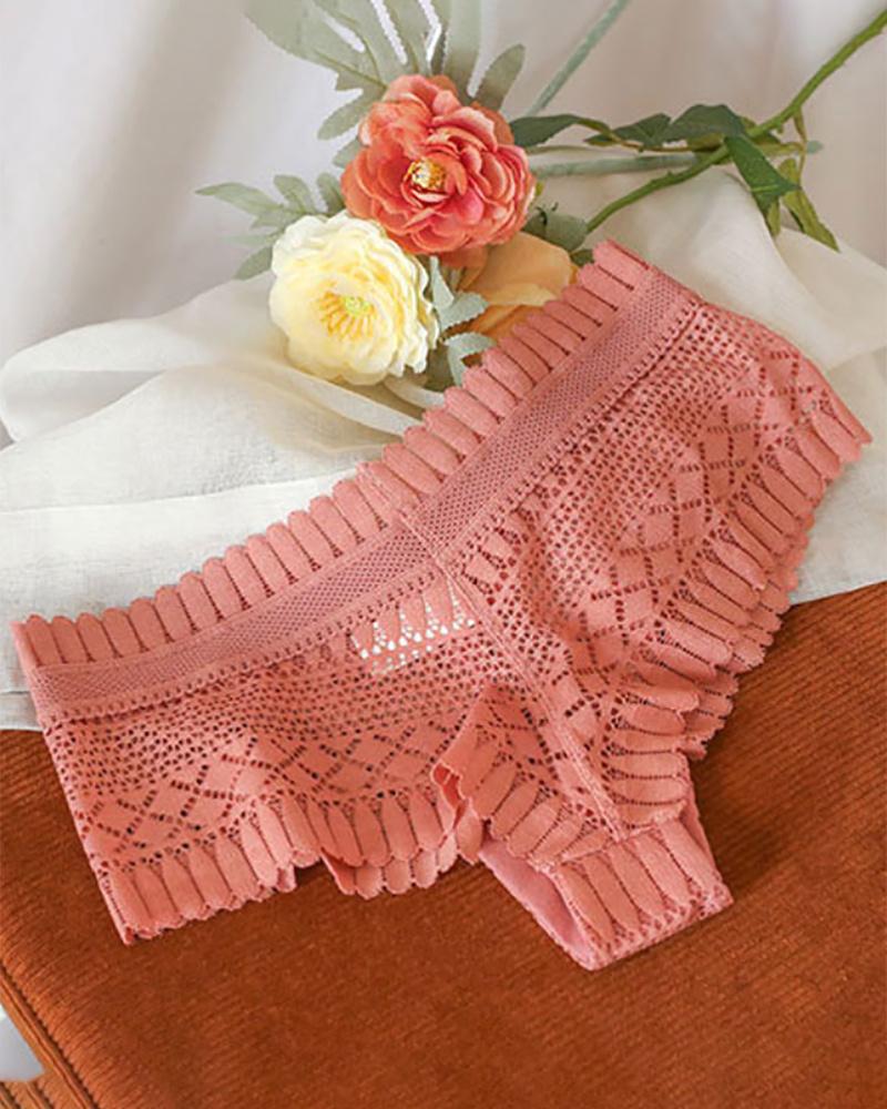 

Plain High Waist Skinny Hollow Out Crochet Lace Panty, Pink
