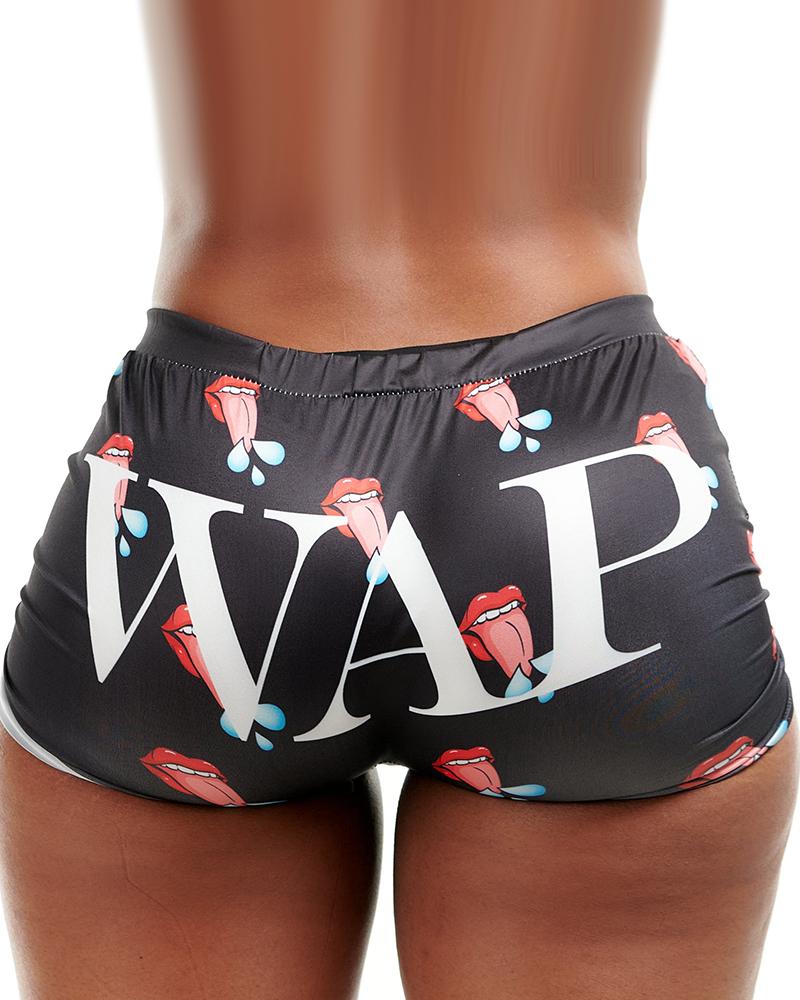 

WAP Letter Lip Tougue Print Boy Shorts Panty, Black