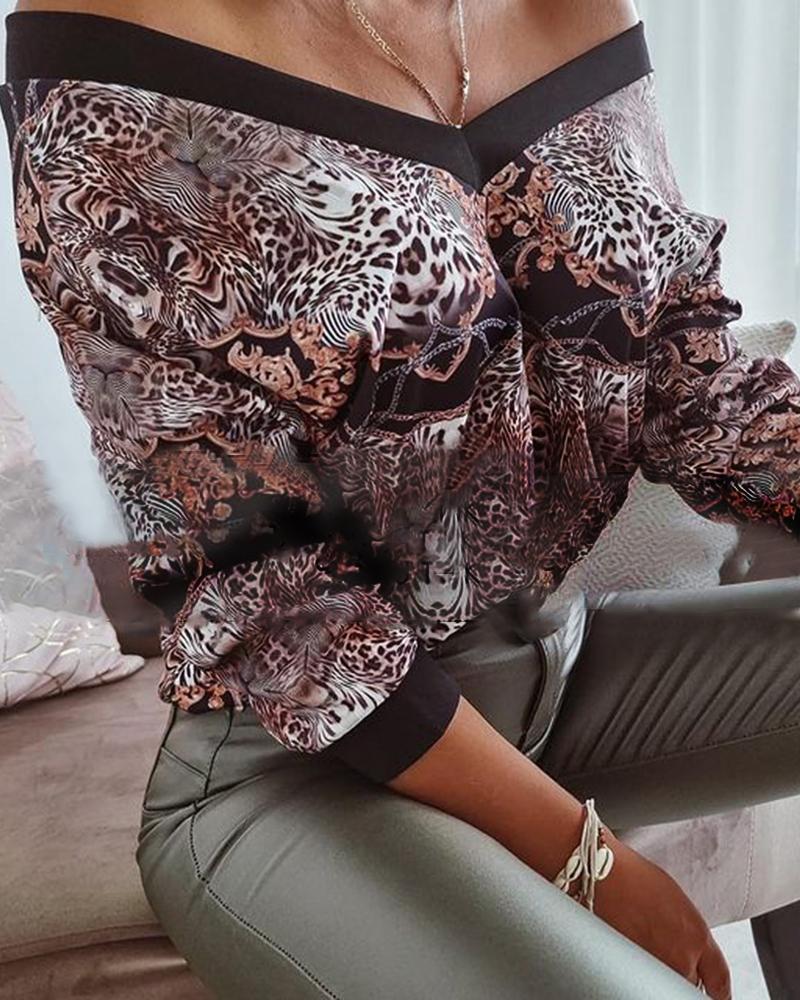 

Leopard Print Colorblock Off Shoulder Top, Multicolor