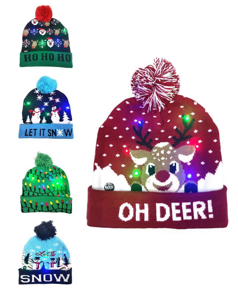 

1pc Christmas Pom Pom Decor LED Light Knitted Beanie, Style1