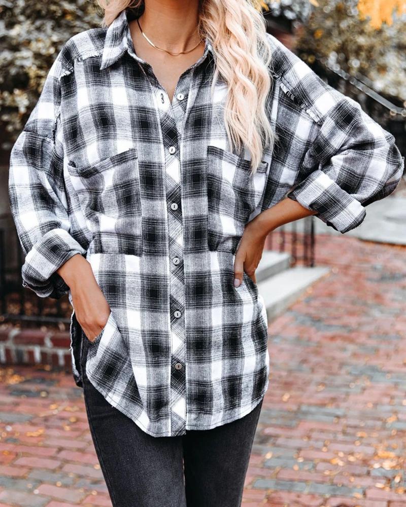 

Plaid Button Pocket Design Long Sleeve Shirt, Black