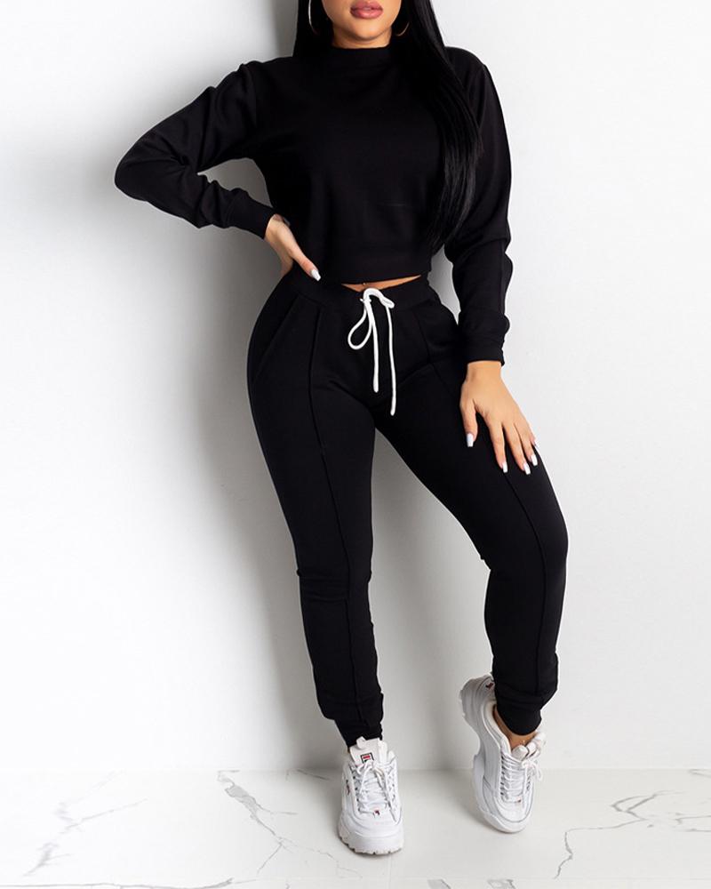 

Long Sleeve Crop Top & Drawstring Pocket Pants Set, Black