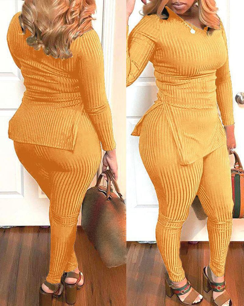 

Knit Slit Long Sleeve Top & Pants Set, Yellow