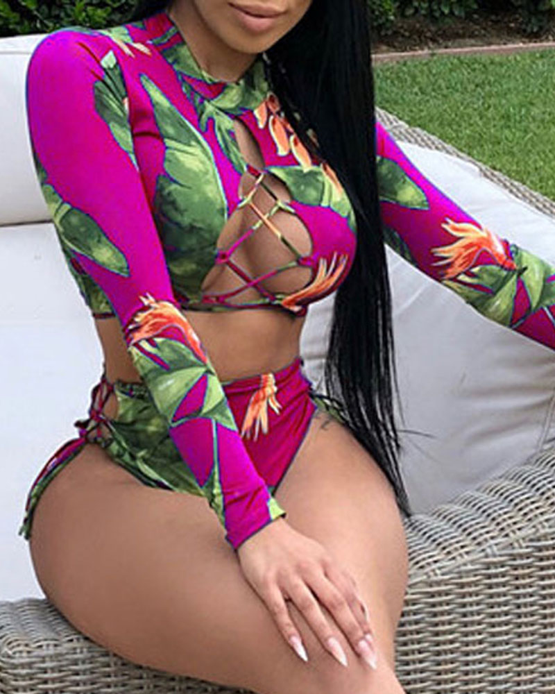 

Tropical Print Lace-up High Waist Tankini Set, Hot pink