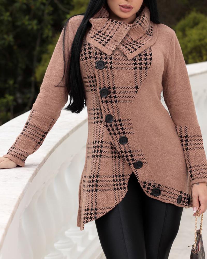 

Plaid Print Turn-down Collar Buttoned Knit Cardigan, Coffee