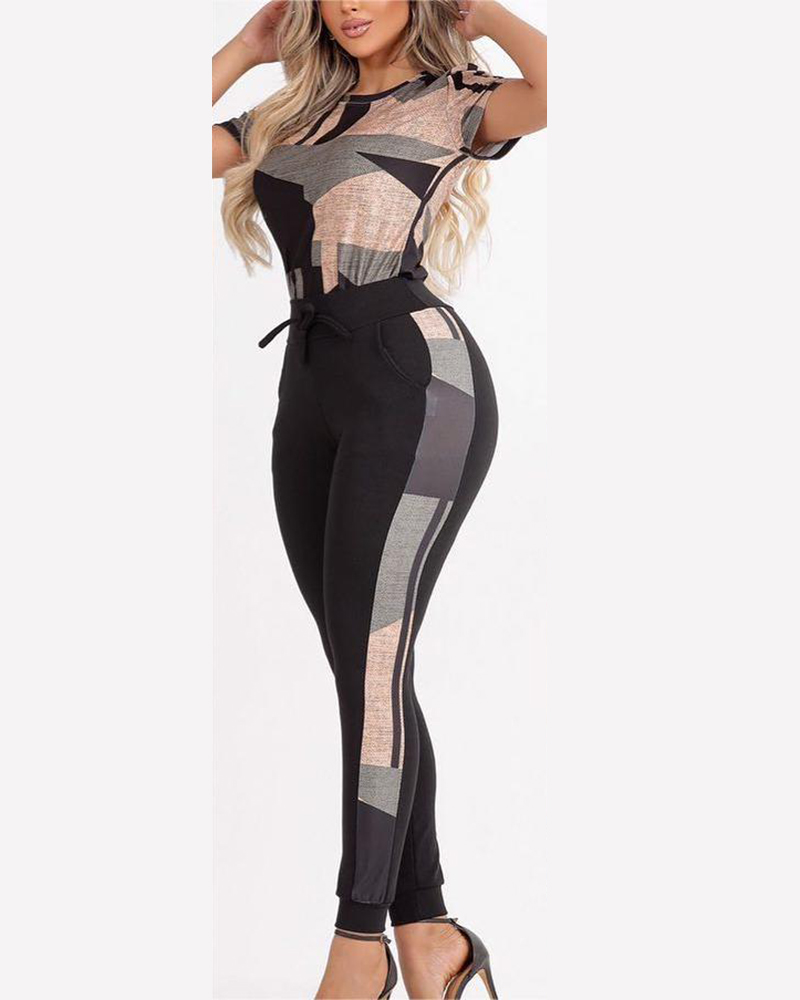 

Geometric Print Colorblock Top & Drawstring Pants Set, Black