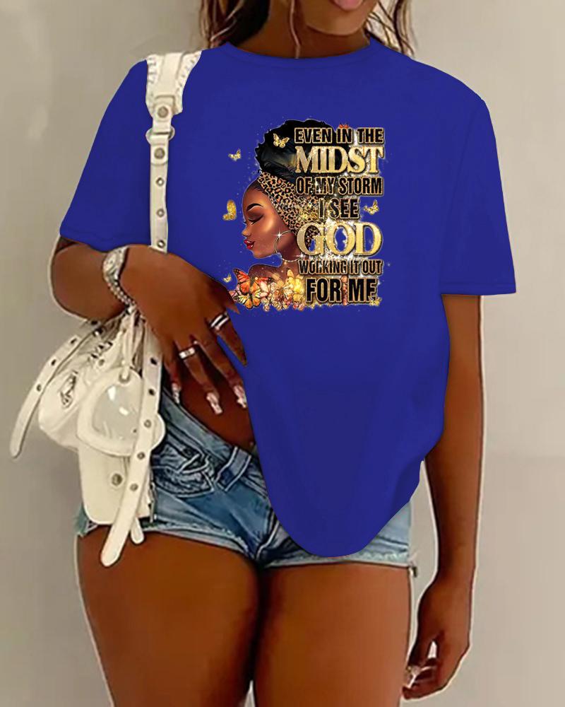 

Figure God Slogan Print Crew Neck Casual T-shirt, Blue