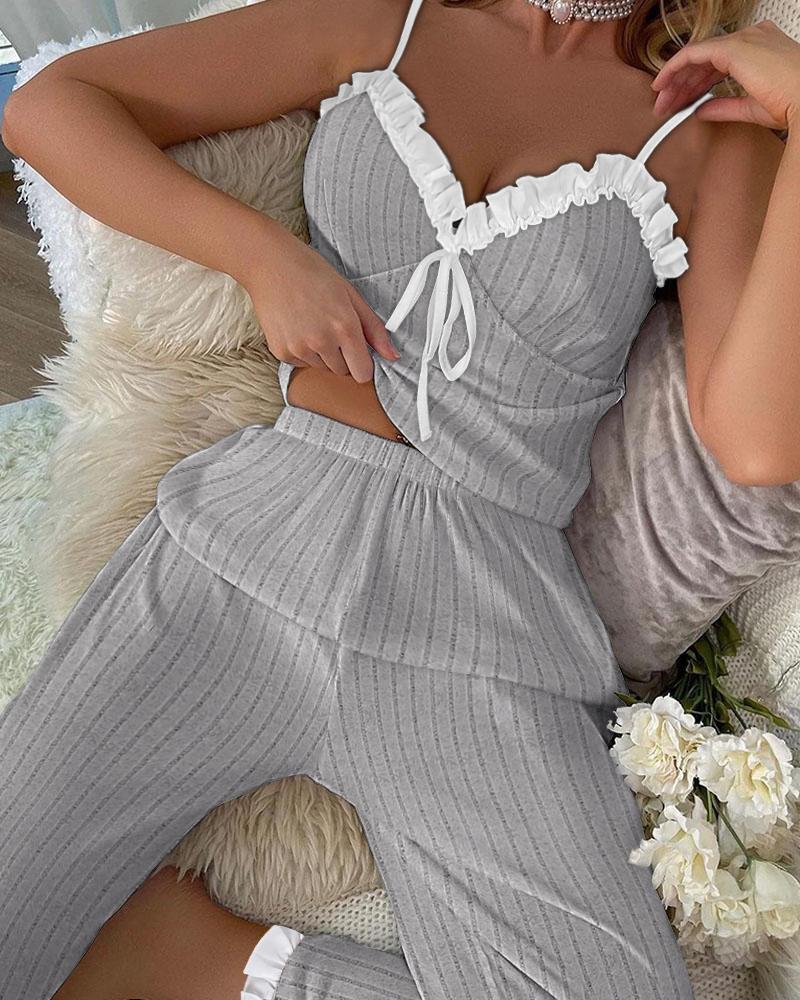 

Ruffle Hem Tied Detail Ribbed Cami Set, Gray