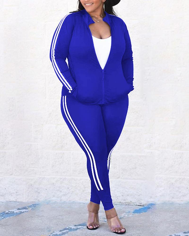 

Plus Size Contrast Paneled Long Sleeve Zip Up Top & Pants Set, Blue