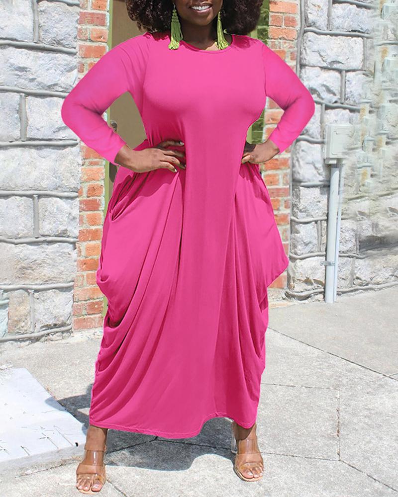 

Plus Size Long Sleeve Pocket Detail Draped Maxi Dress, Hot pink