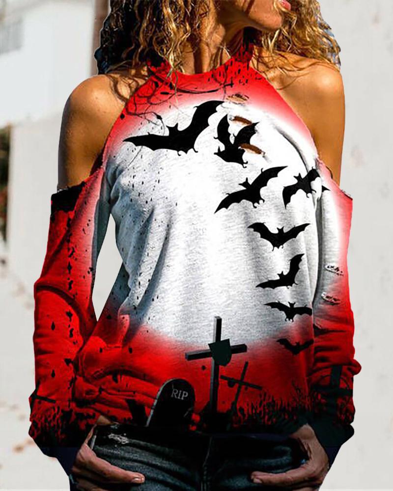 

Halloween Graphic Print Cold Shoulder Top, Red