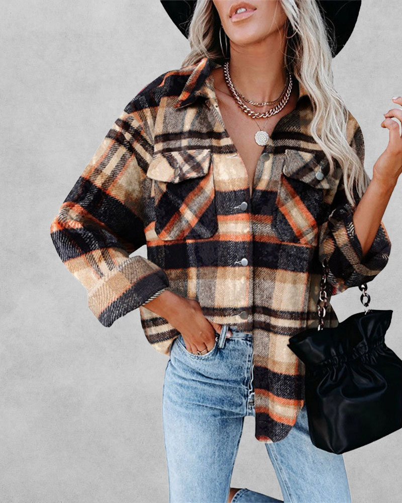 

Plaid Print Button Front Long Sleeve Shacket Casual Turn-down Collar Pocket Design Coat, Orange