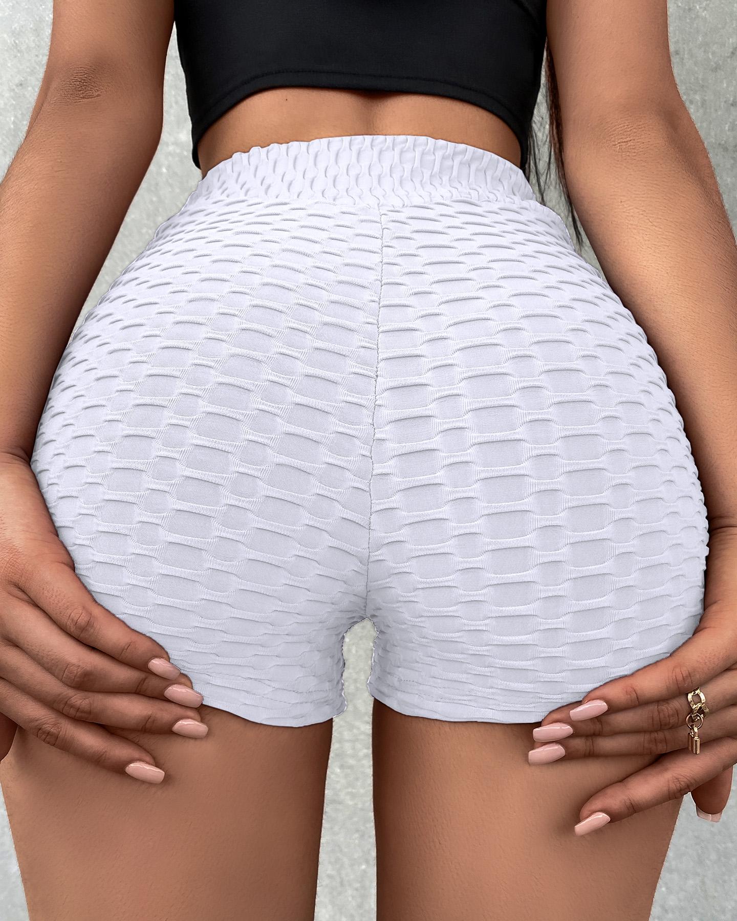 

High Waist Booty Shorts Butt Lifting Bubble Textured Yoga Shorts, White