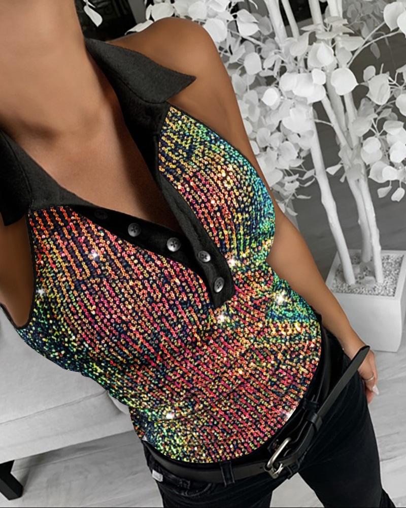 

Contrast Sequin Turn-down Collar Sleeveless Tank Button Design Casual Slim Fit Top, Multicolor