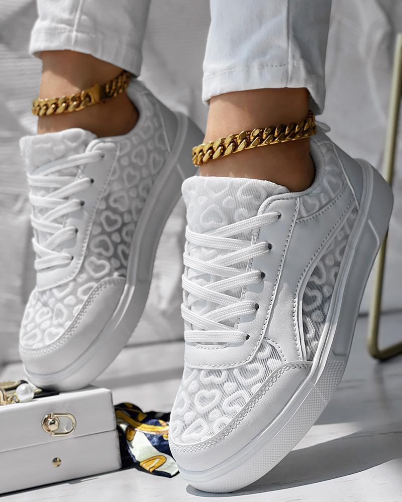 

Heart Pattern Sheer Mesh Lace Up Casual Sneakers, White