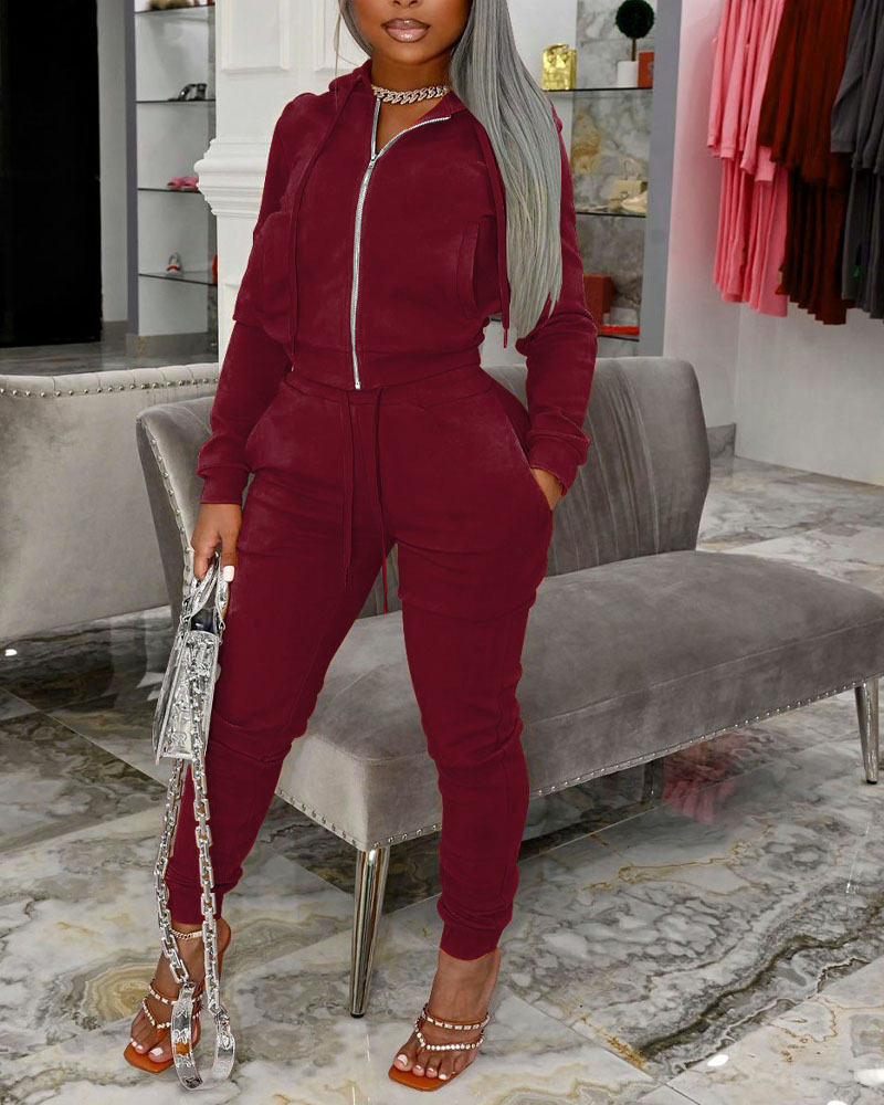 

Zip Front Hooded Top & Drawstring Pants Set, Red